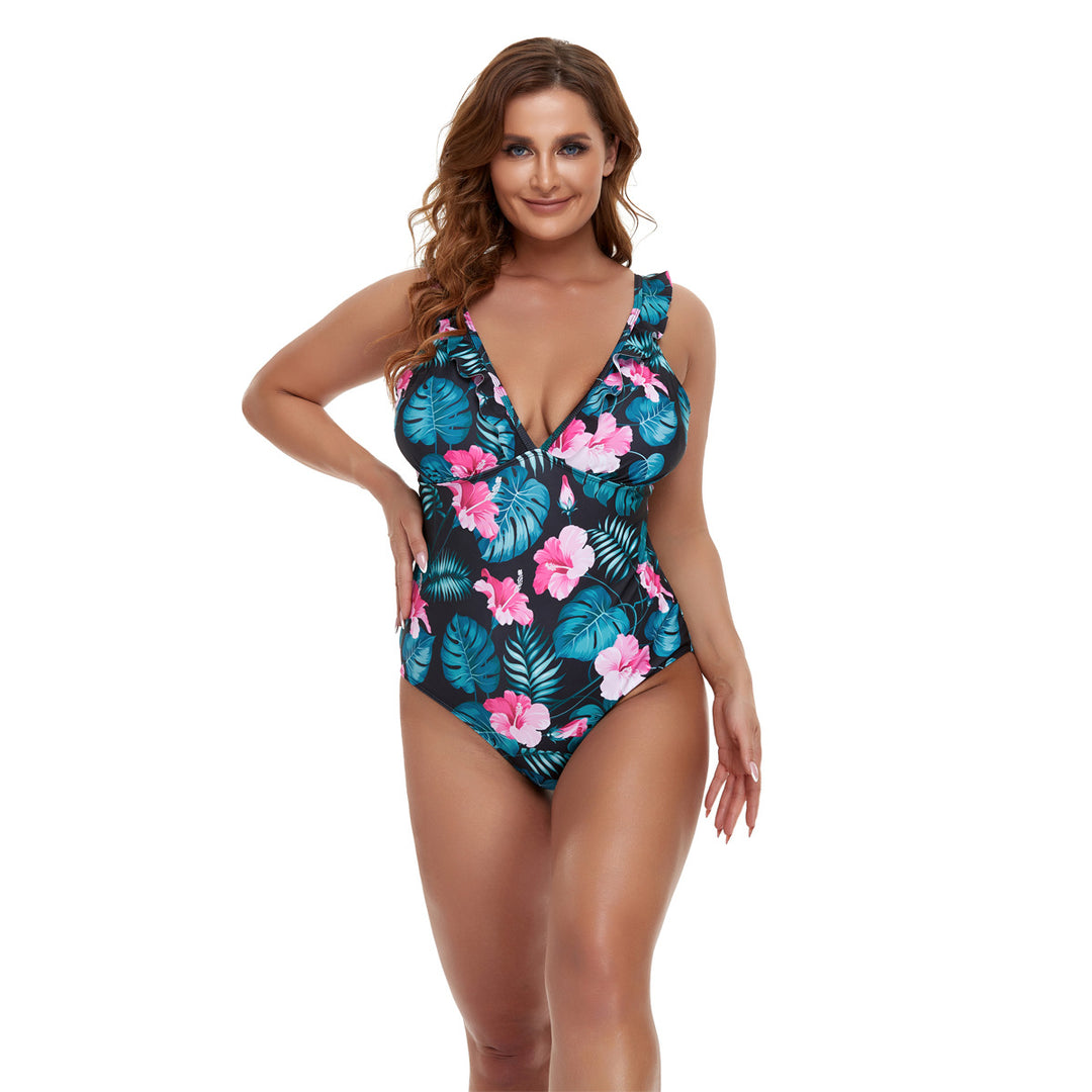 Damen Einteiler Badeanzug mit floralem Design und tiefem V-Ausschnitt Drune