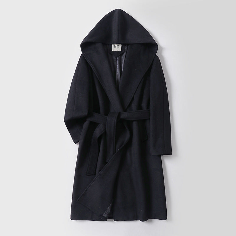 Damen Maxi-Mantel mit überzogener Kapuze, Bindegürtel und minimalistischer Wollmix‑Silhouette Drune