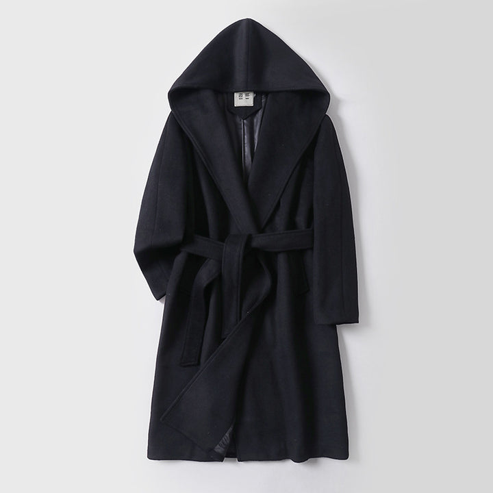 Damen Maxi-Mantel mit überzogener Kapuze, Bindegürtel und minimalistischer Wollmix‑Silhouette Drune