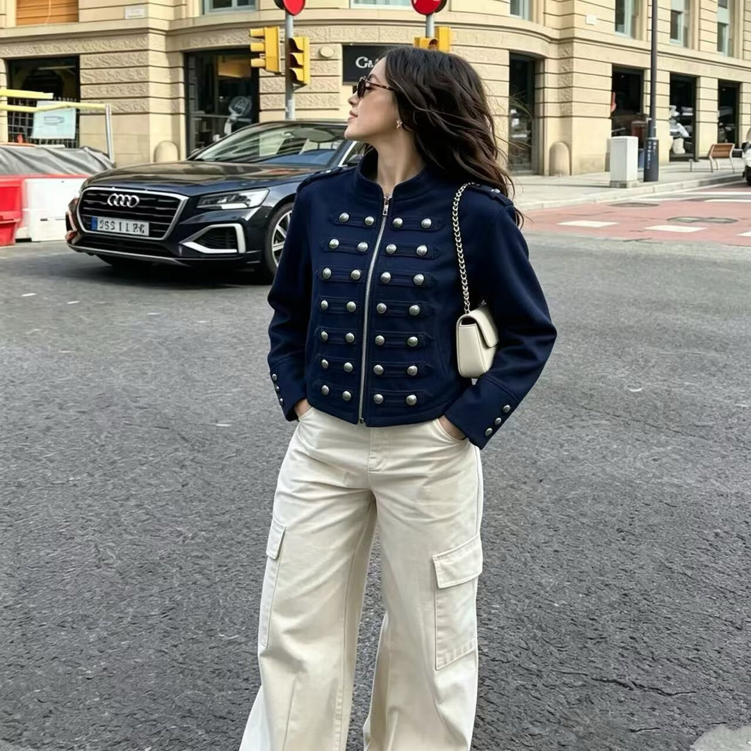 Damen Kurzgeschnittene Militärjacke mit Perlenbesatz und Stehkragen Drune