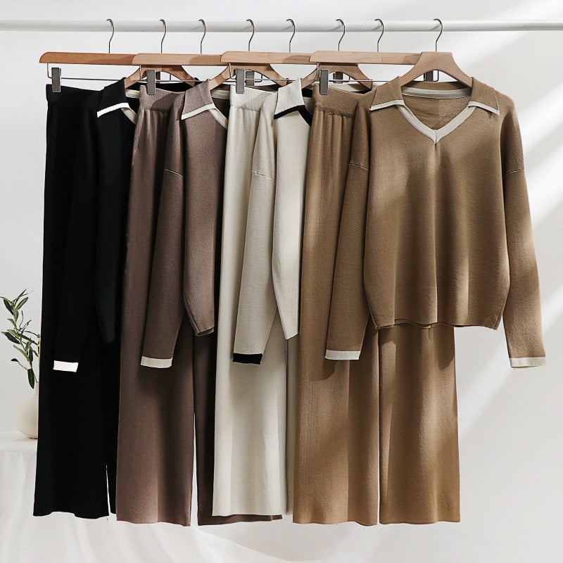 Damen gemütliches Strick-Loungewear-Set mit kontrastierendem Kragen und weitem Bein Drune
