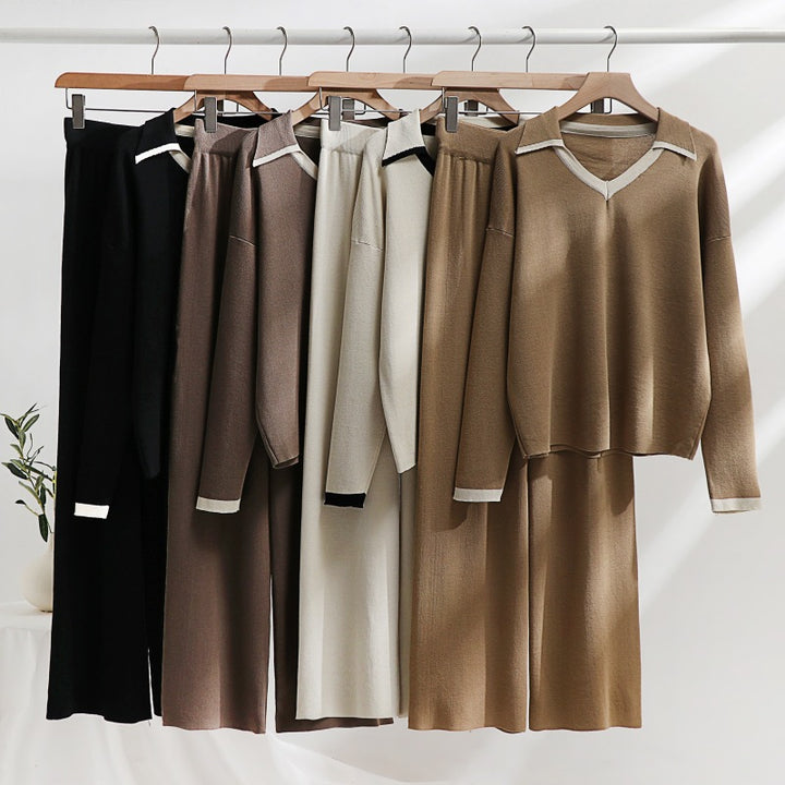 Damen gemütliches Strick-Loungewear-Set mit kontrastierendem Kragen und weitem Bein Drune