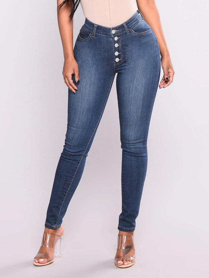 Damen Hochtaillierte Shaping-Skinny-Jeans mit sichtbarer Knopfleiste Drune