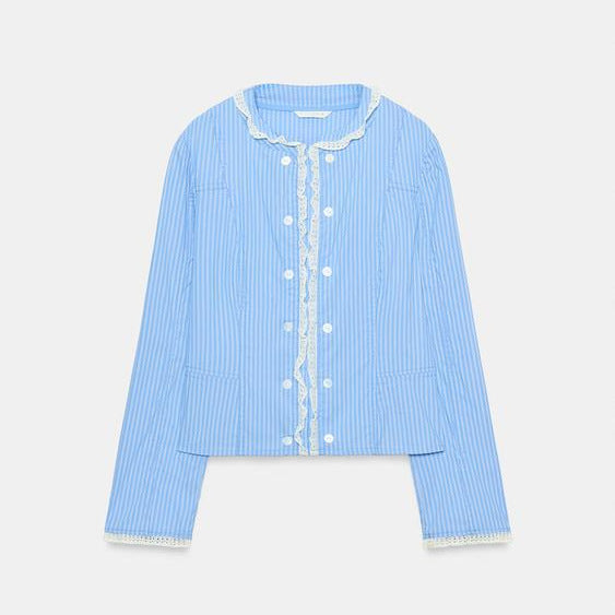 Damen Cropped gestreifte Baumwoll‑Blusenjacke mit Spitzenbesatz und doppelter Knopfleiste Drune