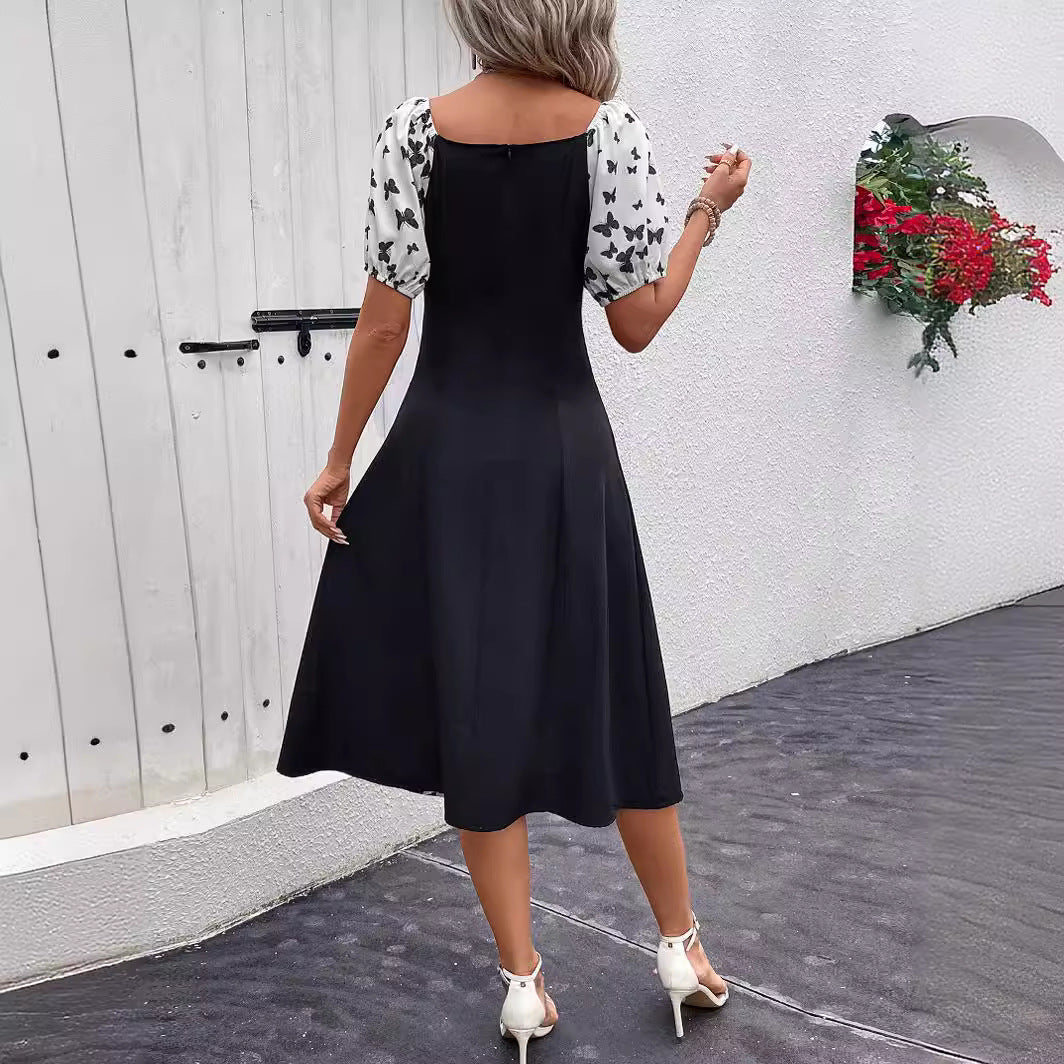Damen Maxikleid mit Puffärmeln und Schmetterlingsmuster Drune