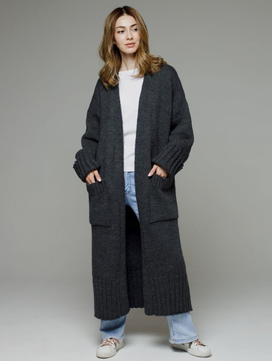 Damen bequemer langer Strickcardigan mit Taschen und breiten Ärmeln Drune