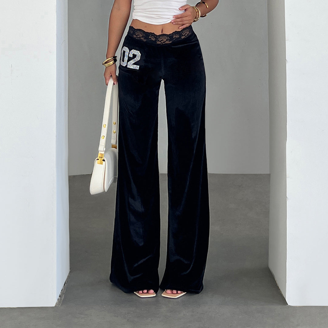 Damen elegante Flared-Hose aus weichem Material mit Spitzenbund und Glitzerakzenten Drune