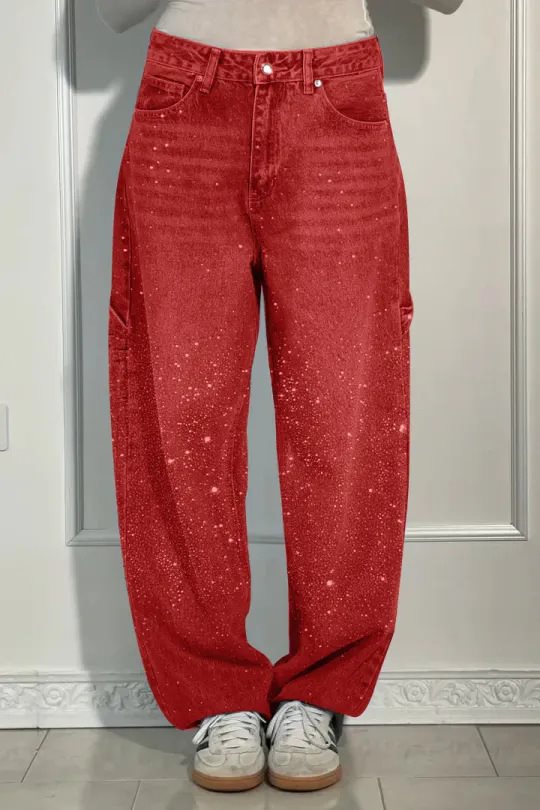 Damen High-Waist Jeans im weiten Cargo-Schnitt mit funkelndem Strassbesatz Drune