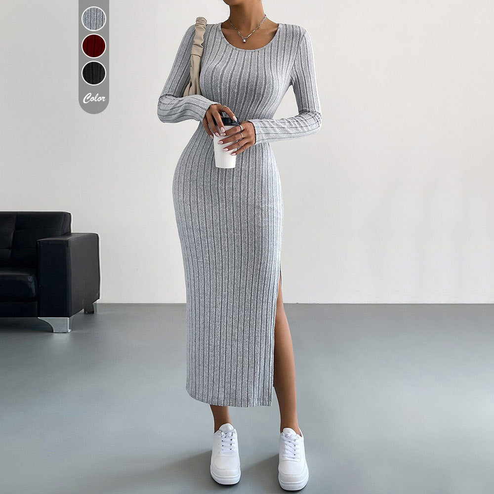Damen figurbetontes Rippenstrick-Midikleid mit schmaler Silhouette, Rundhalsausschnitt und seitlichem Oberschenkelschlitz Drune