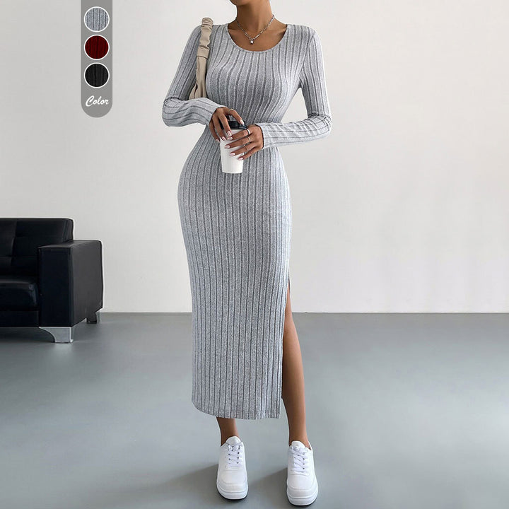 Damen figurbetontes Rippenstrick-Midikleid mit schmaler Silhouette, Rundhalsausschnitt und seitlichem Oberschenkelschlitz Drune