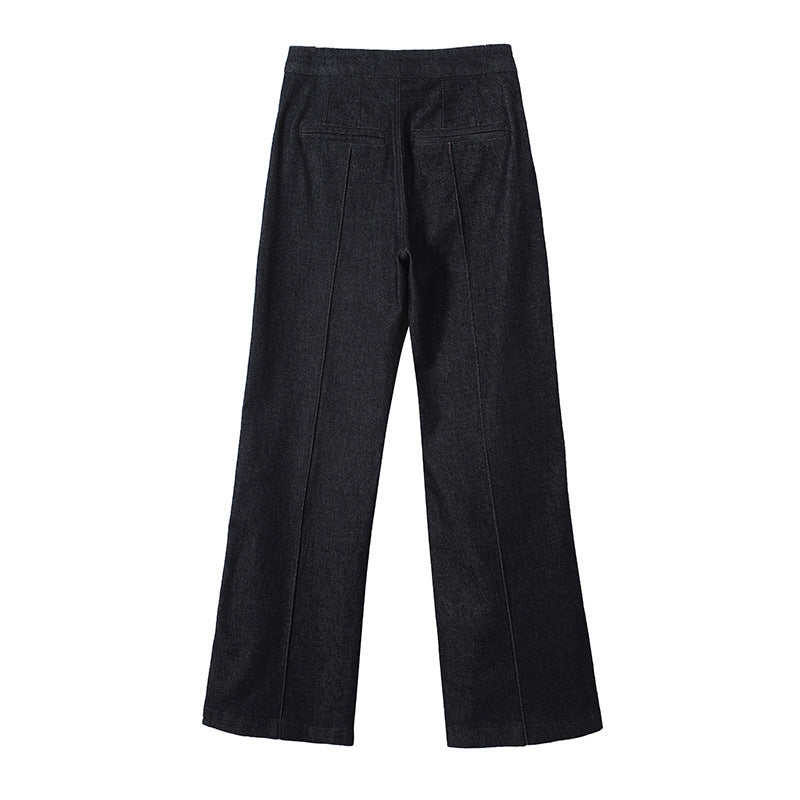 Damen High‑Waist Weite Denimhose mit durchgehender Mittelnaht und aufgesetzten Taschen Drune