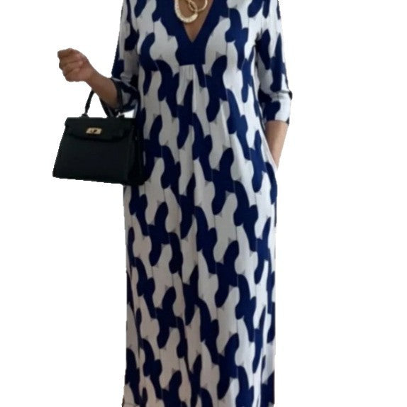Damen lässiges Maxikleid mit elegantem V-Ausschnitt und praktischen Seitentaschen Drune