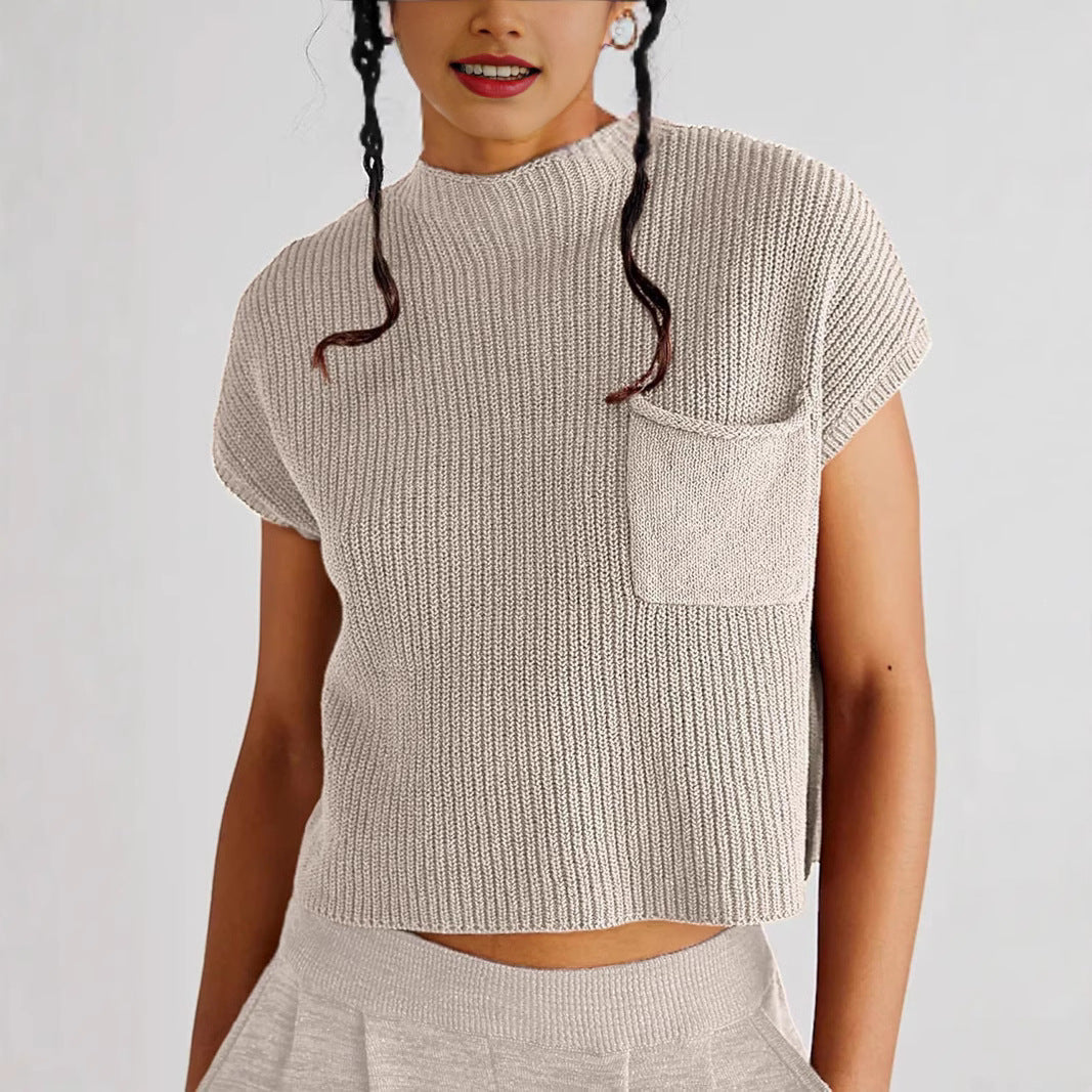 Damen lässiger Strickpullover mit strukturierter Oberfläche und Brusttasche Drune