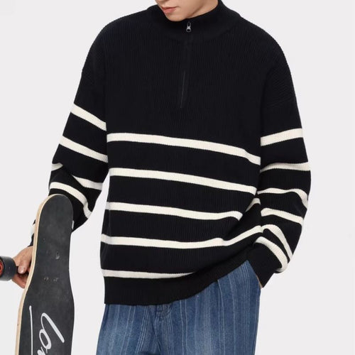 Unisex Oversize Strickpullover mit halbem Reißverschluss, maritimen Kontraststreifen und strukturierter Rippoptik Drune