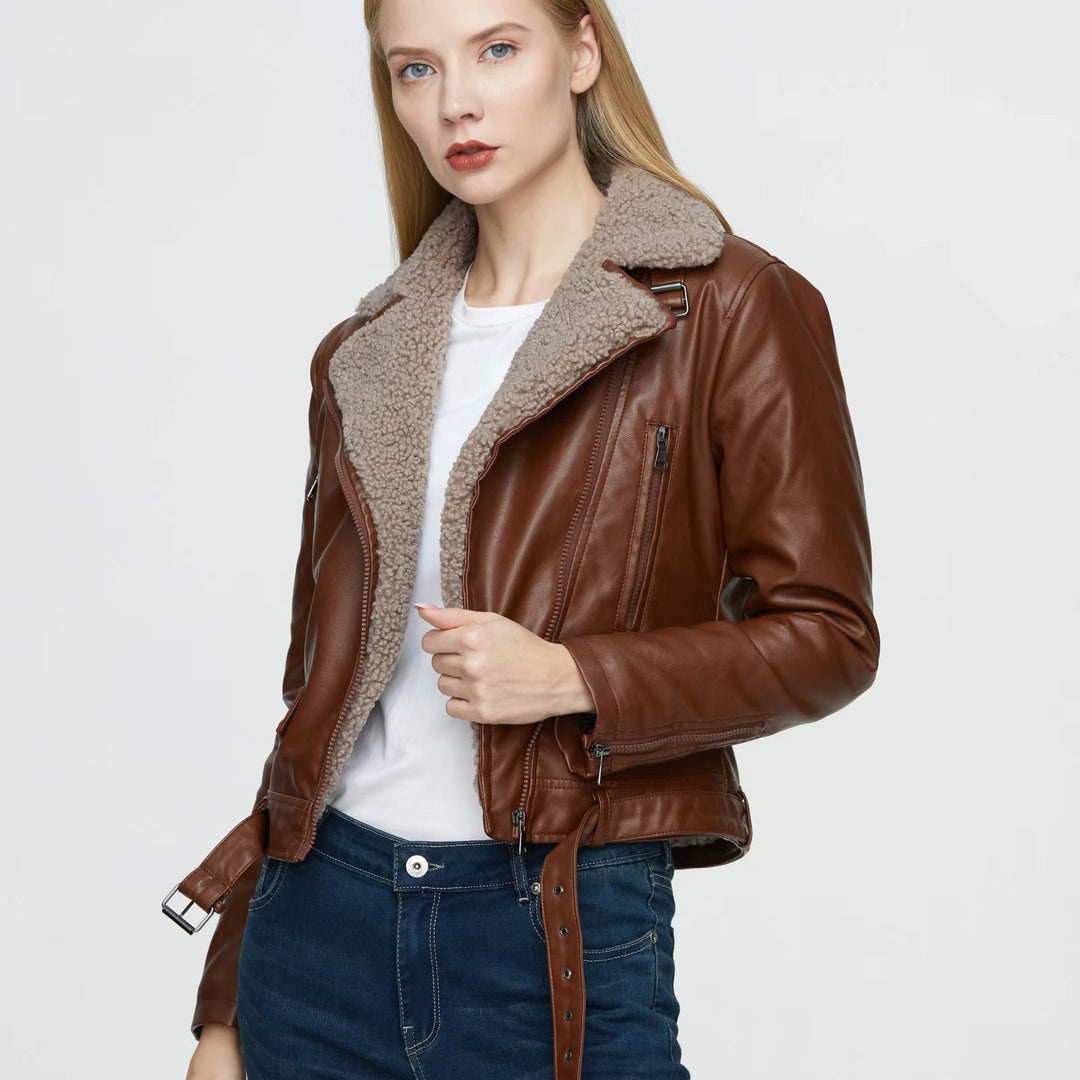 Damen stylische Lammfell-Bikerjacke mit doppeltem Reißverschluss und taillierbarem Gürtel Drune