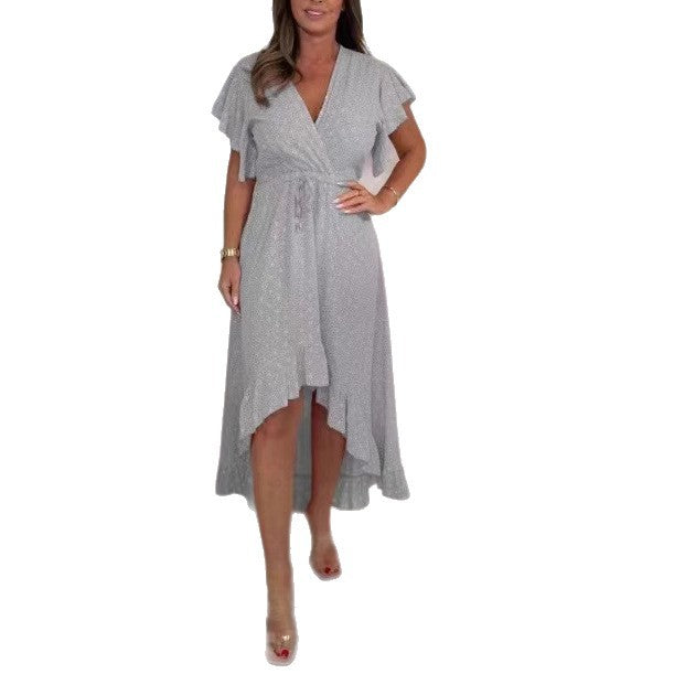 Damen Hoch-Tief Rüschenshirt Wickelkleid Drune