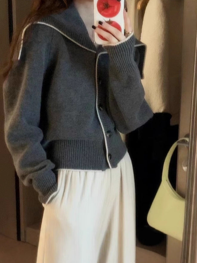 Damen Strickcardigan mit übergroßem Matrosenkragen und kontrastkante Drune