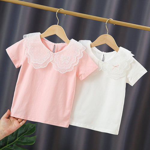 Mädchen T-Shirt mit elegantem Spitzeneinsatz und großem Kragen Drune