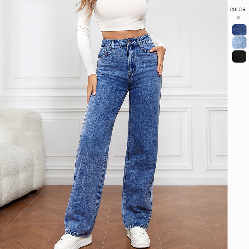 Damen Weit geschnittene High-Waist Jeans mit lässigem Look und klassischen Taschen Drune