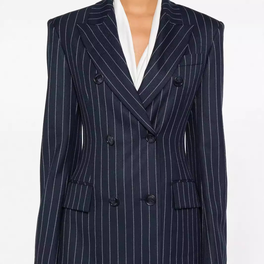 Damen Nadelstreifen Zweireihiger Blazer mit High‑Waist Schlaghose Drune