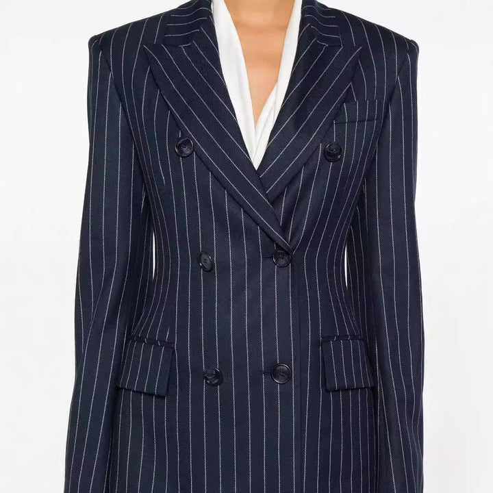 Damen Nadelstreifen Zweireihiger Blazer mit High‑Waist Schlaghose Drune