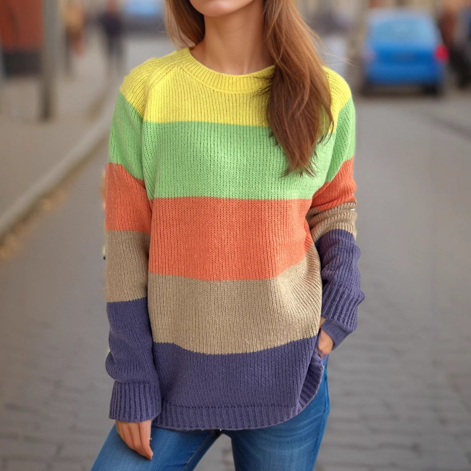 Damen lässiger Strickpullover mit bunten Blockstreifen und weitem Schnitt Drune