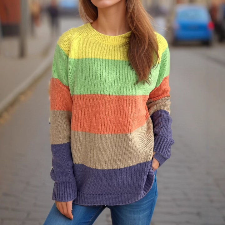 Damen lässiger Strickpullover mit bunten Blockstreifen und weitem Schnitt Drune