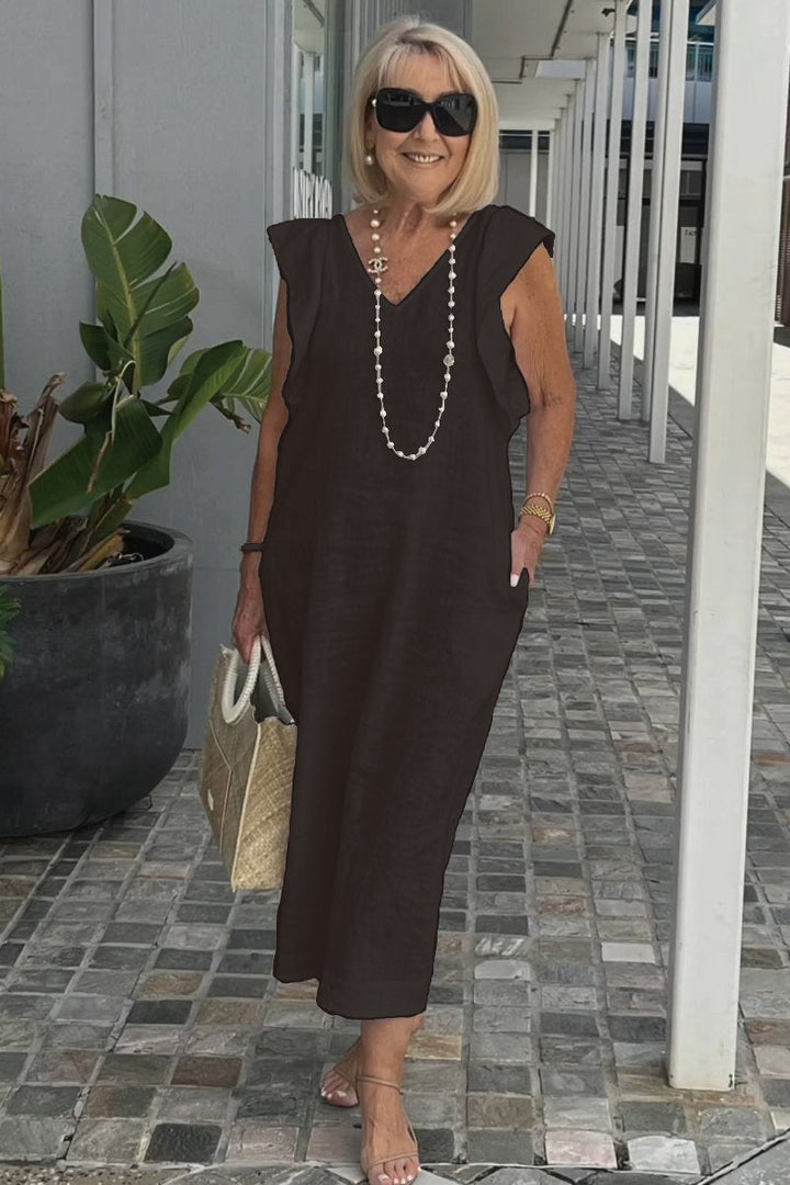 Damen Maxikleid mit V-Ausschnitt und angeschnittenem Ärmel Drune