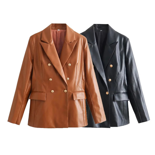 Damen nan taillierter Doppelreiher-Blazer aus veganem Lederimitat mit Schalkragen Drune