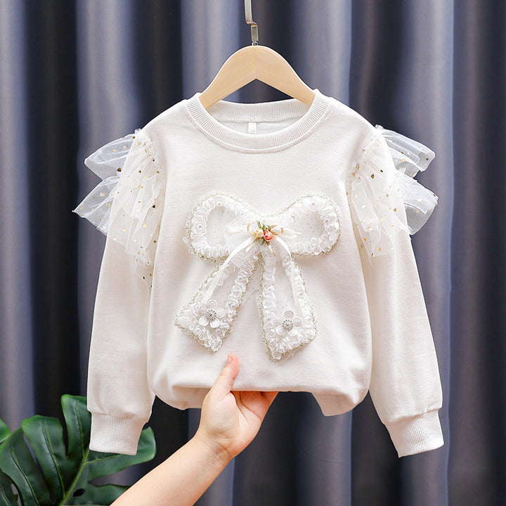 Mädchen modisches Sweatshirt mit transparenten Puffärmeln und Schleifendetail Drune