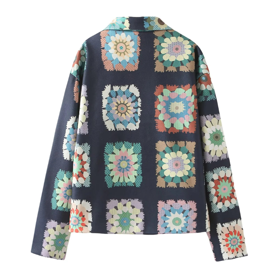 Damen nan gemusterte kurze Boxy-Jacke mit floralen Patchwork-Quadraten Drune