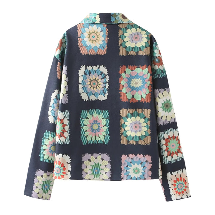Damen nan gemusterte kurze Boxy-Jacke mit floralen Patchwork-Quadraten Drune