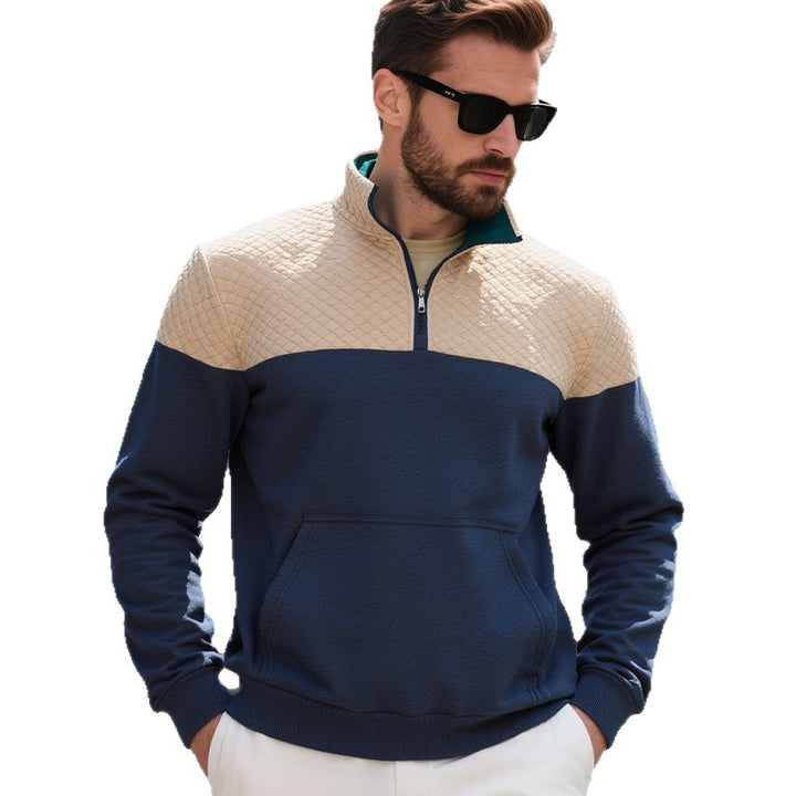 Herren Colorblock-Halbzip-Sweatshirt mit gesteppter Brustpartie, Kängurutasche und elastischen Bündchen Drune