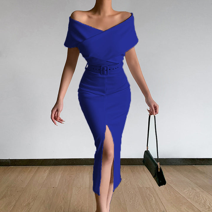 Damen Off-Shoulder Maxikleid mit Taillengürtel und seitlichem Schlitz Drune