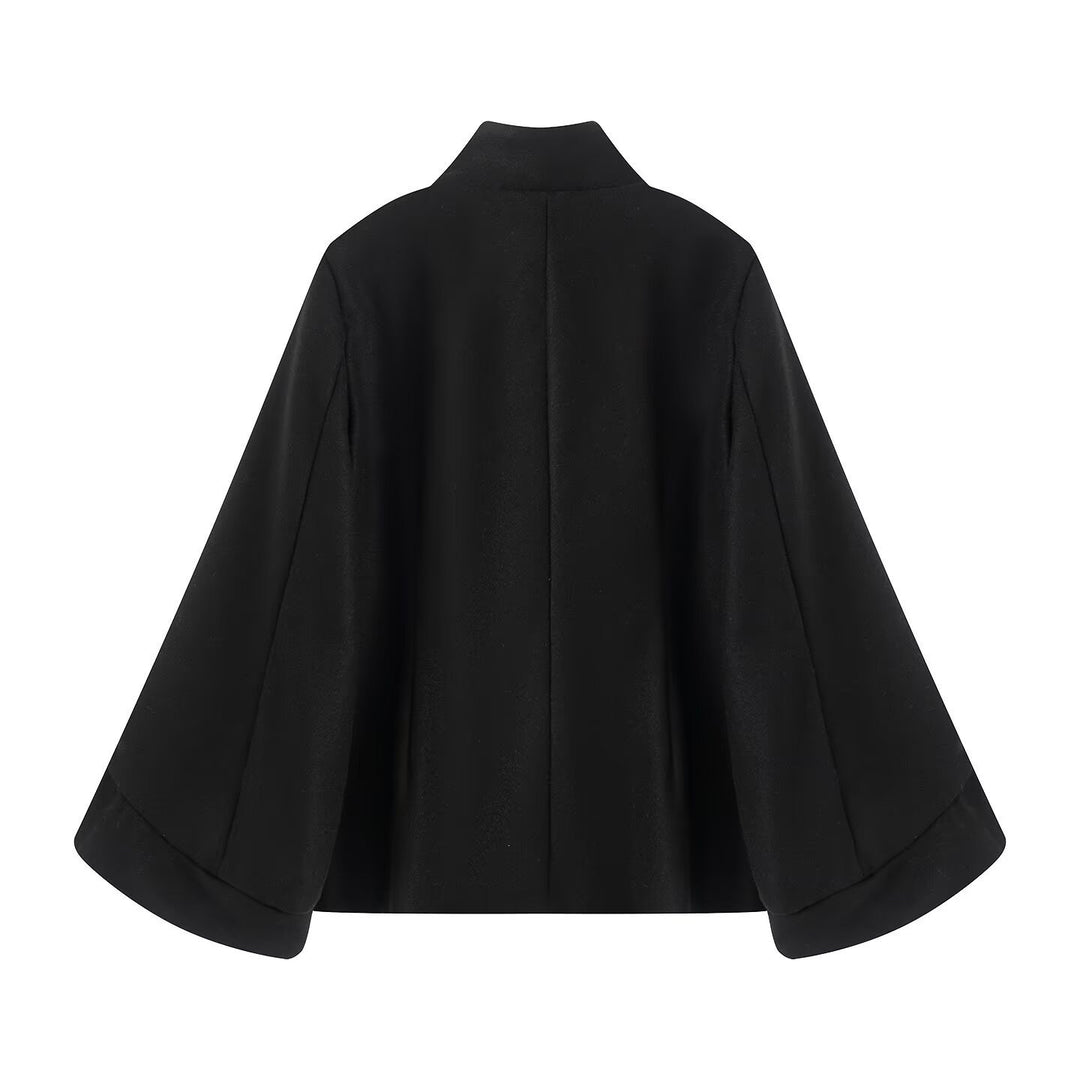 Damen Kurzjacke im Doppelreiher mit Stehkragen, taillierter Silhouette und Glockenärmeln Drune