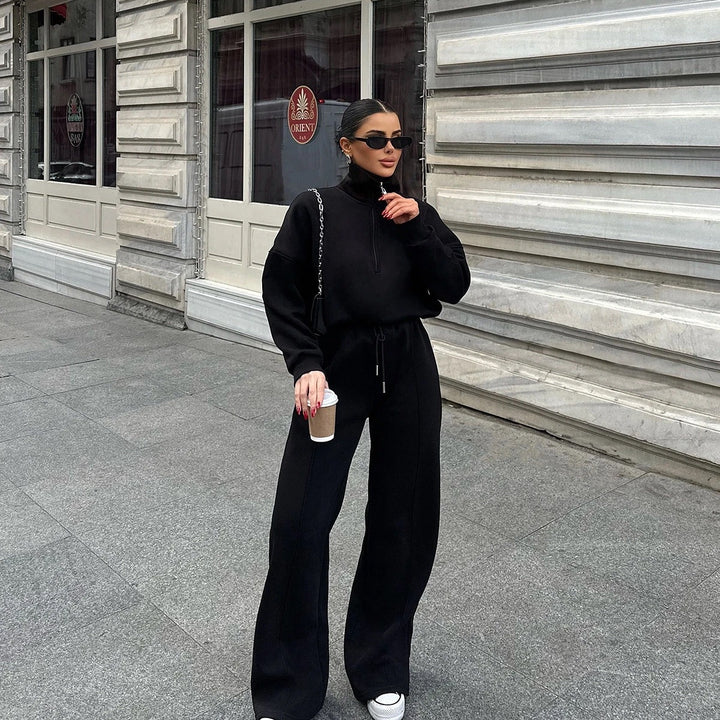 Damen Oversized Fleece-Lounge-Set mit Halb-Reißverschluss und weiten Jogginghosen Drune