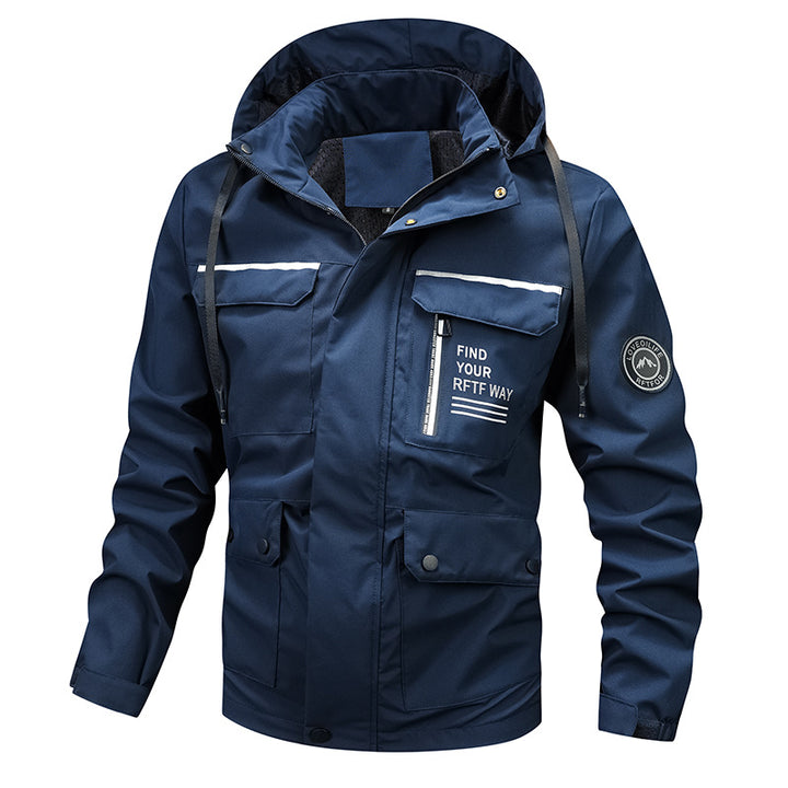 Herren nan wasserfeste Kapuzen-Regenjacke mit Mehrfach-Taschen und winddichter Membran Drune
