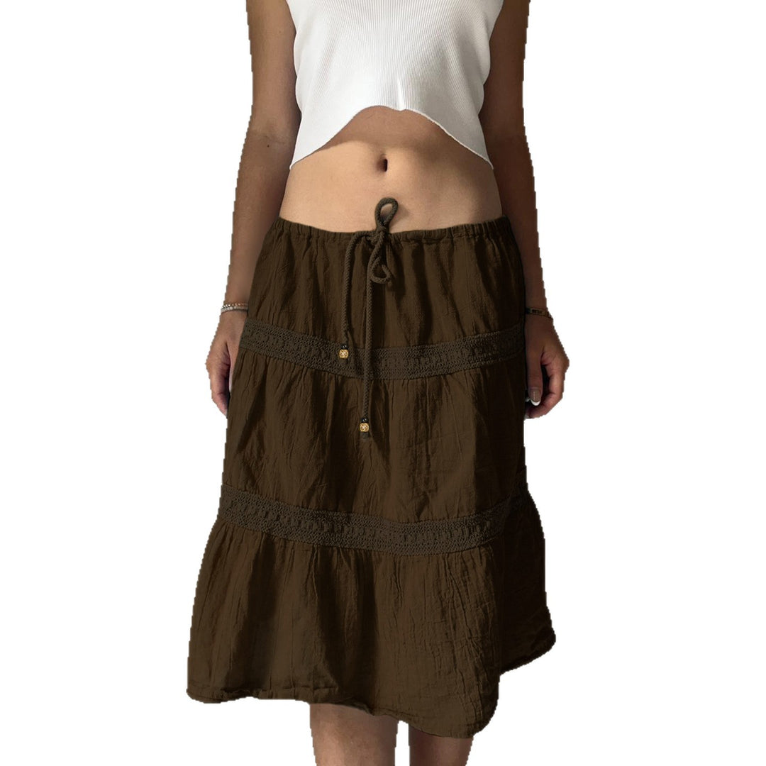 Damen nan gestufter Boho-Midirock mit elastischem Kordelbund und Häkelband-Details Drune