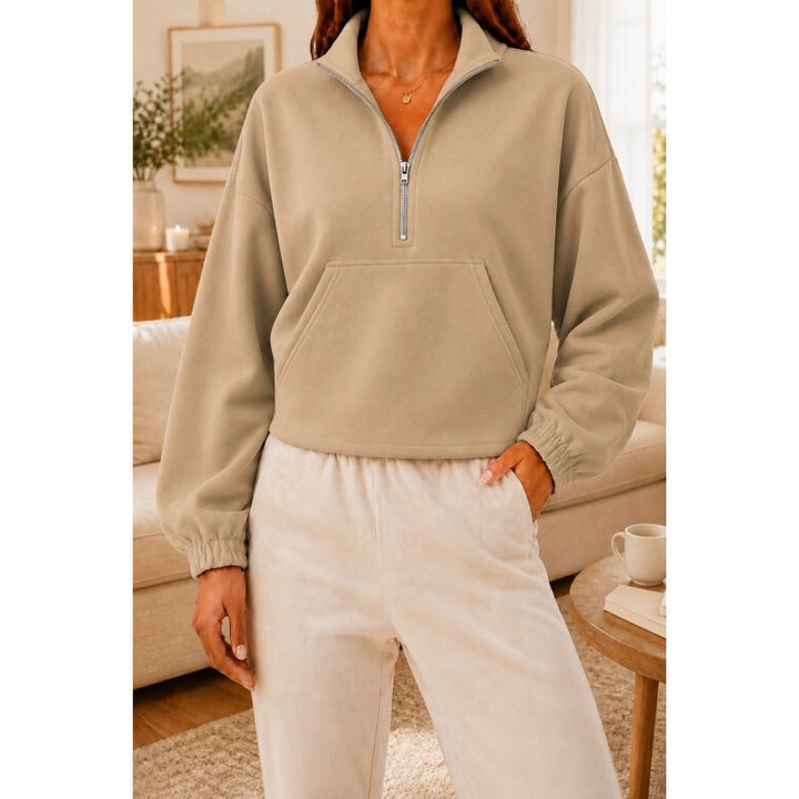 Damen Kurz geschnittener Sweatshirt-Pullover mit halbem Reißverschluss und Kängurutasche Drune
