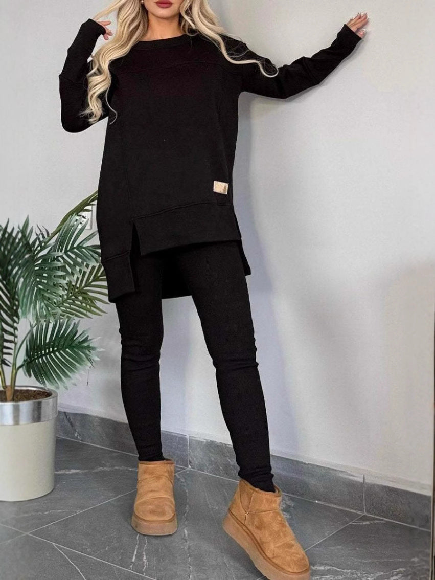 Damen Lässiges Langarm Sweatshirt-Set mit asymmetrischem Schnitt und praktischen Taschen Drune