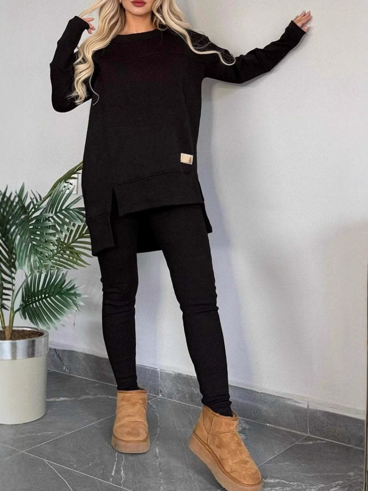 Damen Lässiges Langarm Sweatshirt-Set mit asymmetrischem Schnitt und praktischen Taschen Drune