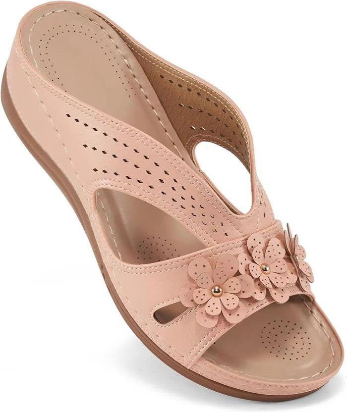 Damen Bequeme Pantoletten mit Blumenapplikation und orthopädischer Dämpfung Drune