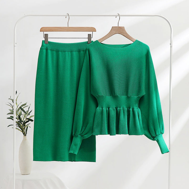 Damen elegantes Strickensemble mit Raffung und Ballonärmeln Drune
