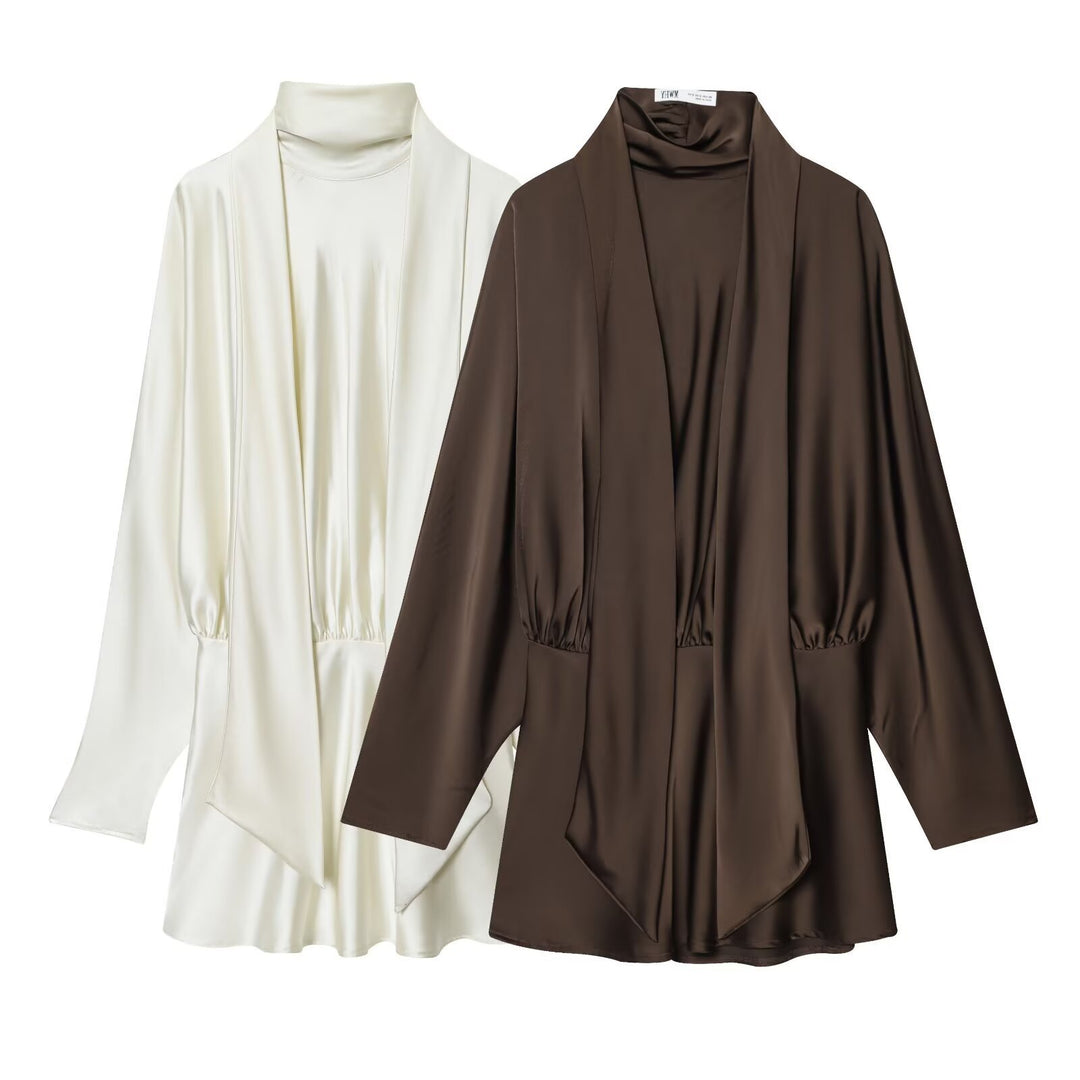 Damen 30+ elegante seidenähnliche Bluse mit Stehkragen und drapiertem Schlupfdetail Drune