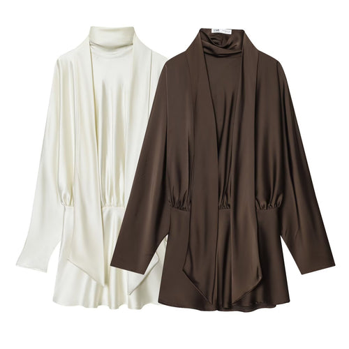 Damen 30+ elegante seidenähnliche Bluse mit Stehkragen und drapiertem Schlupfdetail Drune
