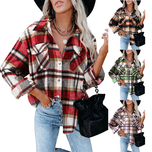 Damen karierte Flanelljacke mit praktischen Taschen und lässigem Schnitt Drune