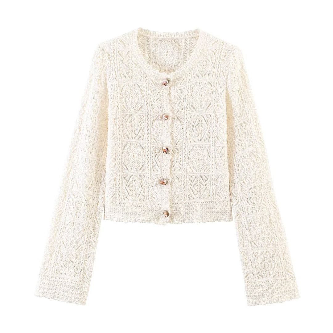 Damen Häkelstrick-Cardigan mit Rundhals, filigranem Lochmuster und Zierknöpfen Drune