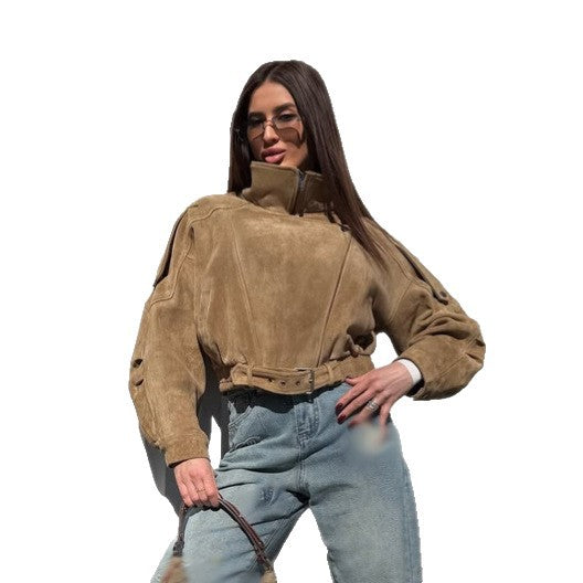 Damen Kurz geschnittene Wildleder-Bomberjacke mit Gürtel & Oversize-Ärmeln Drune