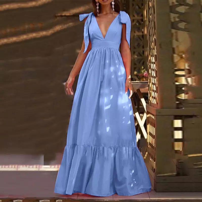 Damen Maxikleid mit elegantem V-Ausschnitt und ballonförmigen Ärmeln Drune