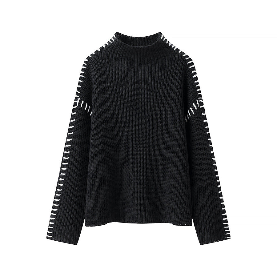 Damen nan grober Strickpullover mit Stehkragen, oversized Schnitt und dekorativer Seitenstich-Ärmelnaht Drune
